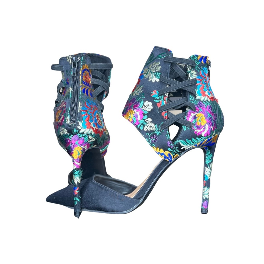 Floral Lace Up High Heel Cut Out Pumps